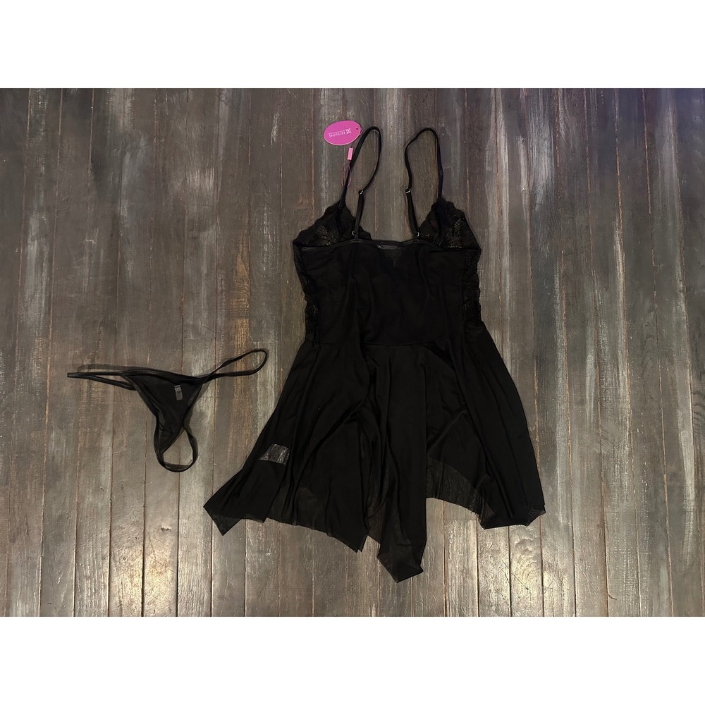 Avidlove Womens Black Lace Babydoll Lingerie Set Sheer Mesh Chemise G-String NWT